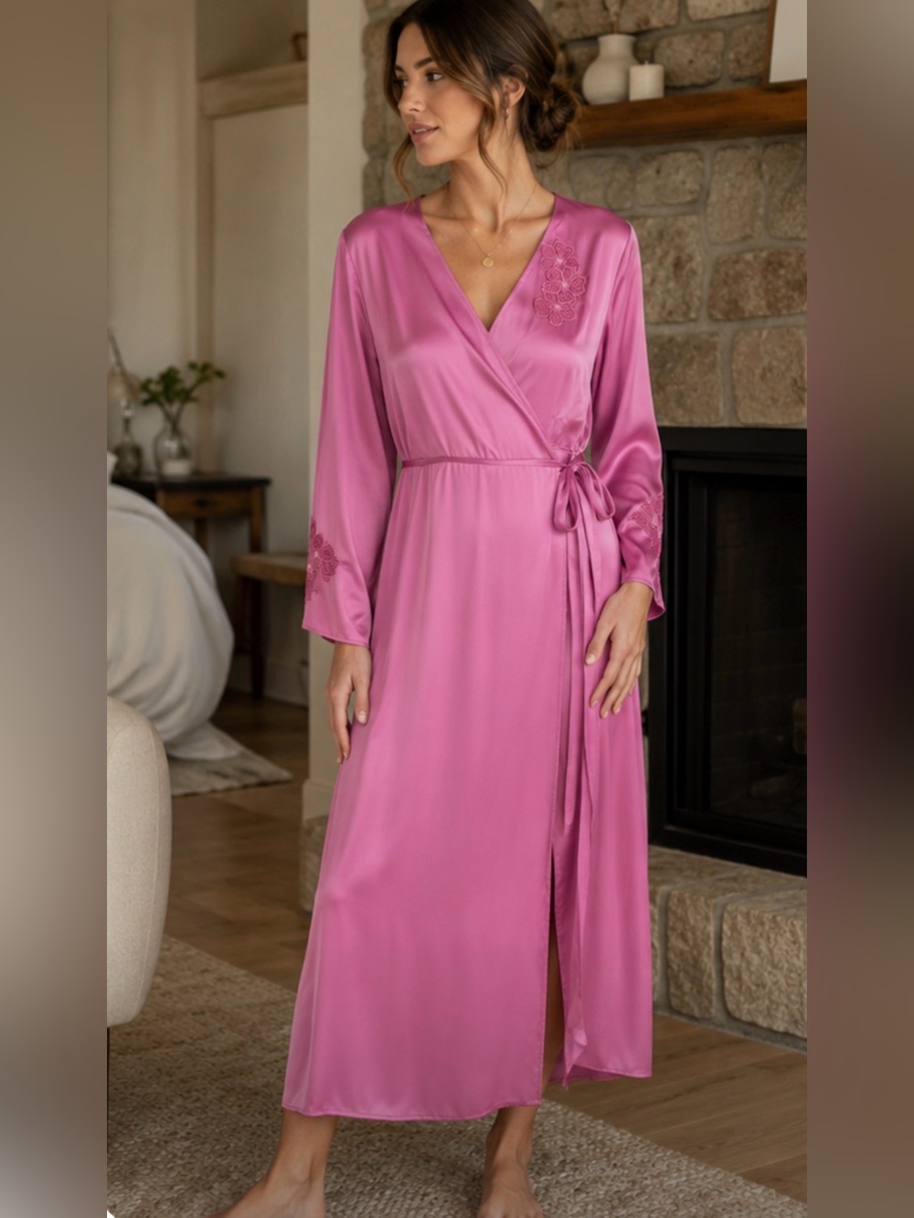 August Silk Pink 100% Silk Wrap Robe | Floral Embroidered Long Robe | Size